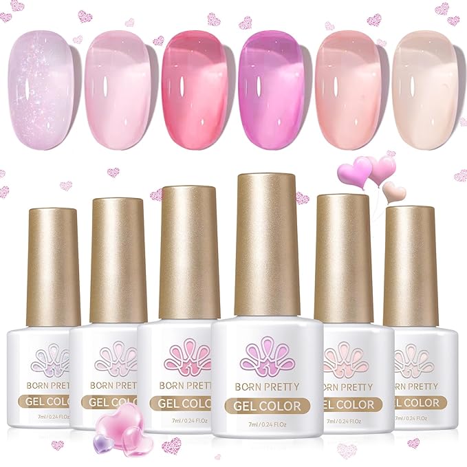 BORN PRETTY Jelly Gel Nail Polish Set,Sheer Nude Pink Natural Color Ice Transparent Tranlusent Gel Polish Kit for Salon Manicure and Nail Art DIY at Home 6PCS 7ml