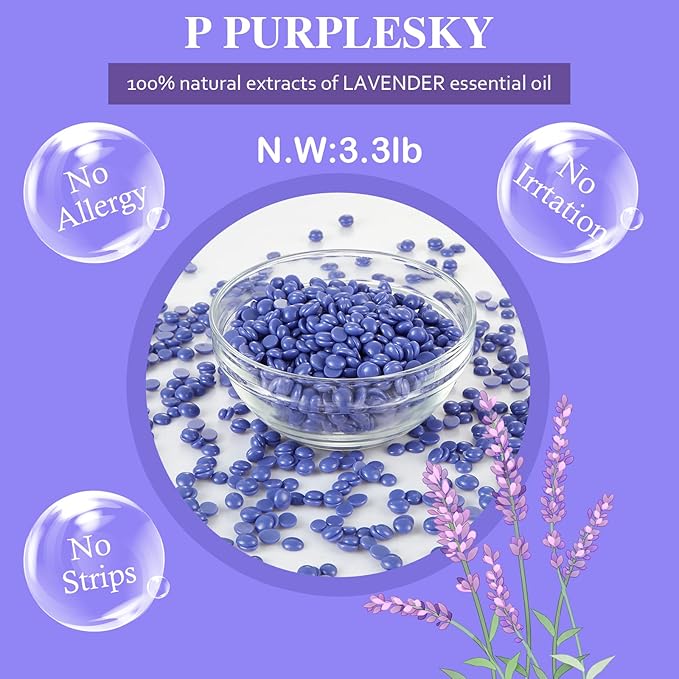 PURPLESKY Wax Beads, 3.3LB Painless Coarse Hard Wax Beads Bulk for Hair Removal, Stripless Long-lasting Waxing Beads for Brazilian Bikini, Leg, Chest, Back, Lavender Scent