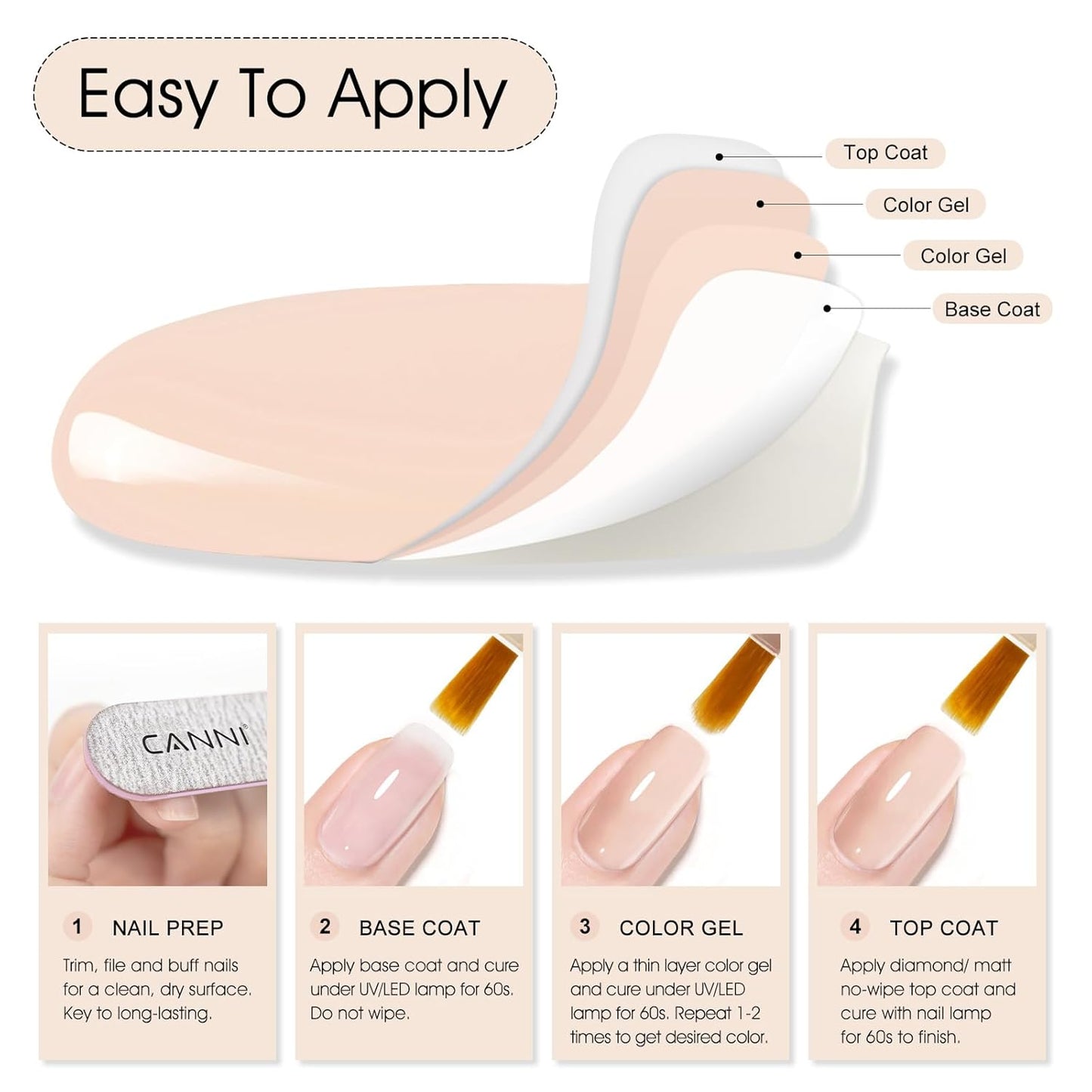 CANNI Nude Pink Gel Nail Polish – 0.3oz Sheer Skin Tone Color, Glossy Soak-Off UV/LED Nail Gel for Natural French Manicure, DIY & Salon Use