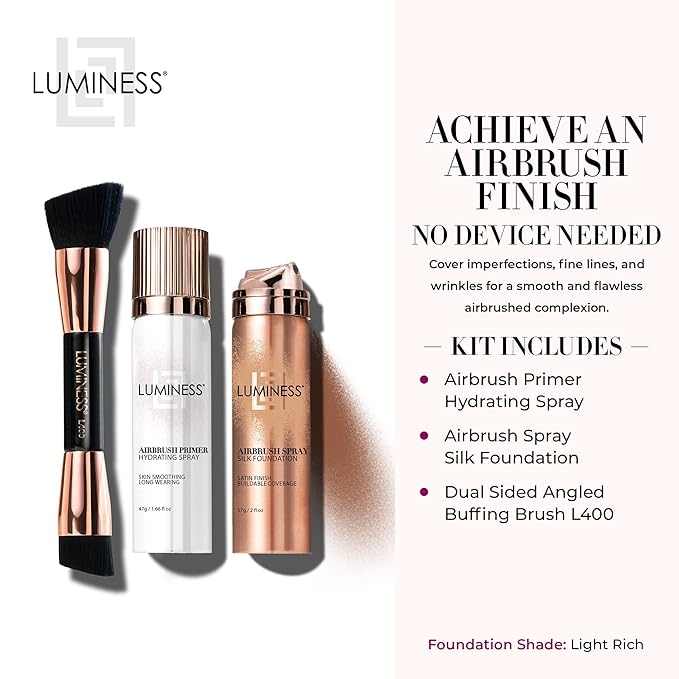 LUMINESS Airbrush Spray Silk Foundation Starter Kit - Light Rich - Foundation, Primer & Dual-Sided Angled Buffing Brush - Medium, Buildable Coverage, Anti-Aging Formula Hydrates & Moisturizes