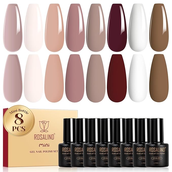 ROSALIND Nude Brown Gel Nail Polish Set, 8 Colors White Nude Brown Gel Polish, Beige Tan Caramel Coffee Gel Polish Collection Nail Art Gift DIY at Home
