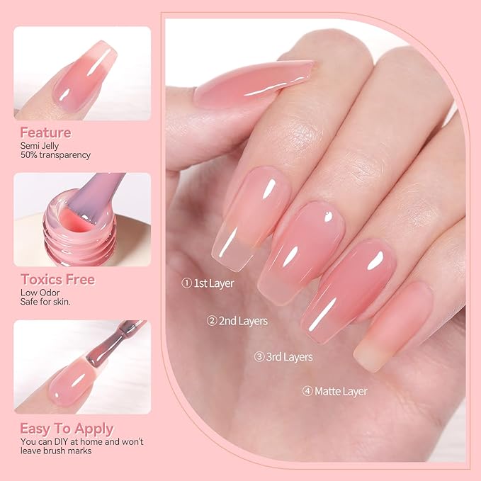 Born Pretty Jelly Pink Gel Nail Polish Nude Pink Sheer Translucent Gel Polish Milky Natural Gel Polish Set Nail Art Manicure DIY Kit Home Salon 6PCS