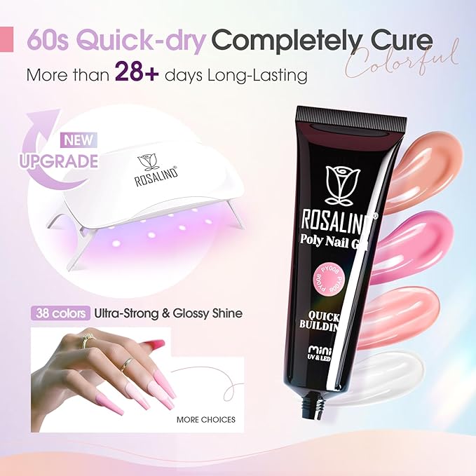 ROSALIND 38PCS Poly Nail Gel Kit with Mini Nail Lamp Neon Blue Poly Extension Gels Kit Hot Pink Nude Poly Nails Set