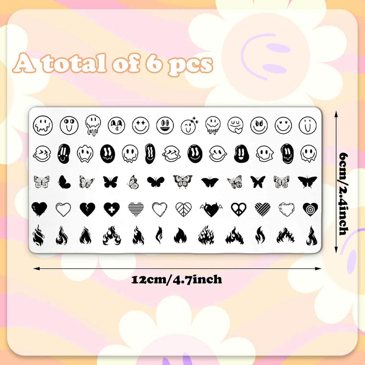 Whaline 6Pcs Smile Face Nail Plates Stamping Set Heart Butterfly Star Flower Smiling Stamp Templates Groovy Nail Art Plates for DIY Print Manicure Salon Design Gift Supplies
