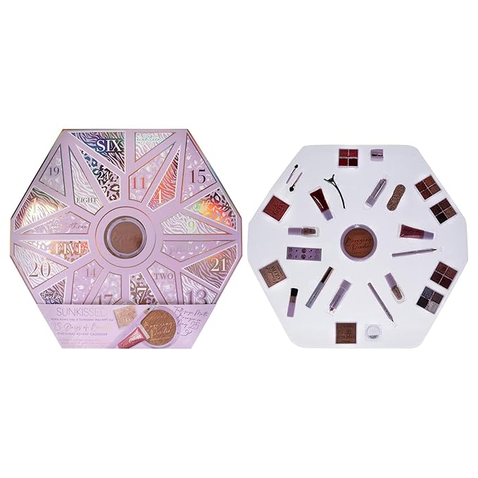 Sunkissed Christmas 25 Days of Beauty - Face, Lips and Eye Makeup - 2 Nail Polishes and 3 Cosmetic Brush Applicators - Vegan Formula - 25 Makeup Products and Accessories - 1 pc Gift Set