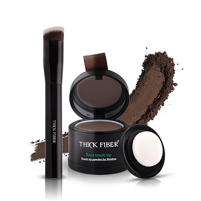 Thick Fiber Root Touch Up Powder, Medium Brown - Water & Sweat Resistant Hair Loss Concealer Set with Brush for Thin Hairlines and Gray Root Coverage