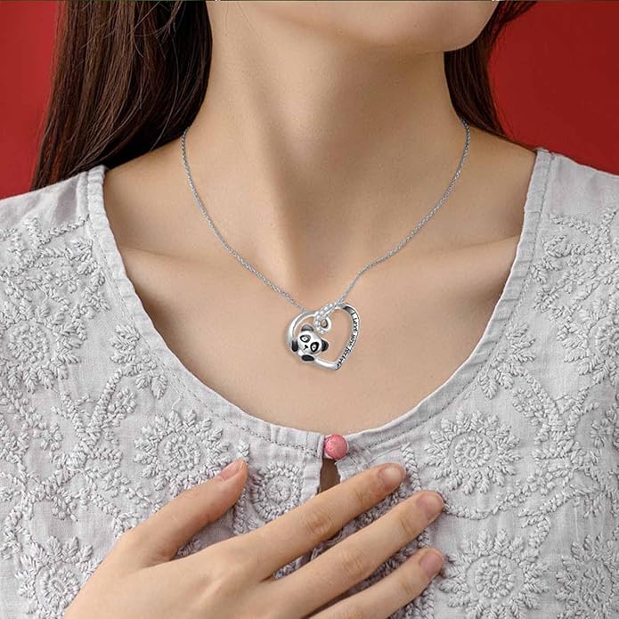 Silver Crystal Panda Necklace Choker Vintage Heart Panda Pendant Cute Animal Necklace Charm Jewelry I Love You Forever Birthday Gifts for Kids Women and Girls