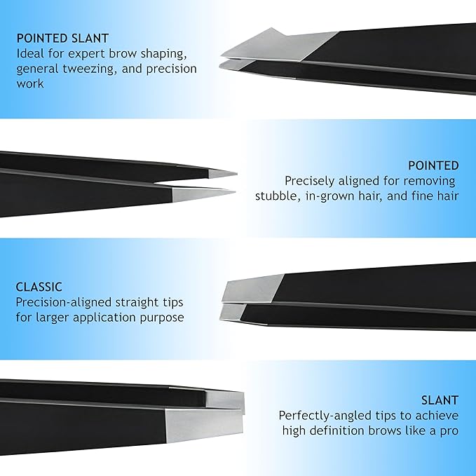 Tweezers Set - Professional Stainless Steel Tweezers for Eyebrows - Great Precision for Facial Hair, Splinter & Ingrown Hair Removal - Tweezers for Women & Men with Travel Case