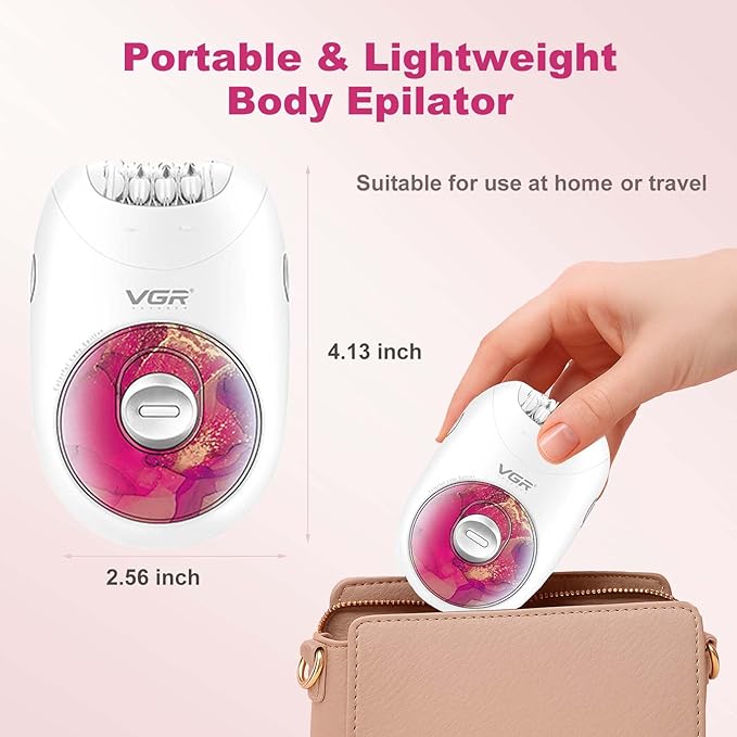VGR 706 Professional Epilator for Women,Portable Cordless Smooth Glide Hair Removal Device for Legs, Underarm, Back,Full-Body Epilator with 18 Tweezers System, 2 Speeds Hair Removal with Silent Design