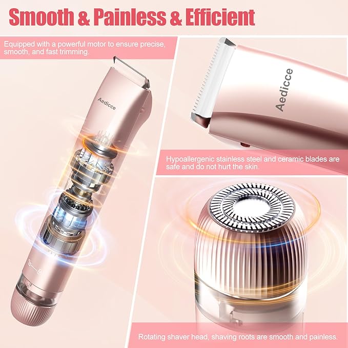 Bikini Trimmer for Women 2 in 1, Dual Head Womens Electric Shaver, Electric Razors for Pubic Hair, IPX7 Waterproof Rechargeable Facial Hair Removal for Shaving Underarm Leg Arm Body Face, Rose Gold