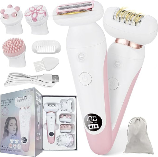 5 in 1 Electric Shaver for Women,Epilators Hair Removal for Women's Body, Electric Razor for Women Legs Public Area Bikini Trimmer, Face Scrubber, Facial Cleaning Brush Dry Wet Gift Set (Pink)