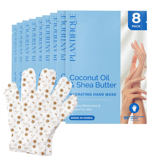 PLANTIFIQUE Hand Mask for Dry Hands – 8 Pairs Moisturizing Gloves with Shea Butter | Hyaluronic Acid & Macadamia | Korean Skincare | Vegan Spa Hand
