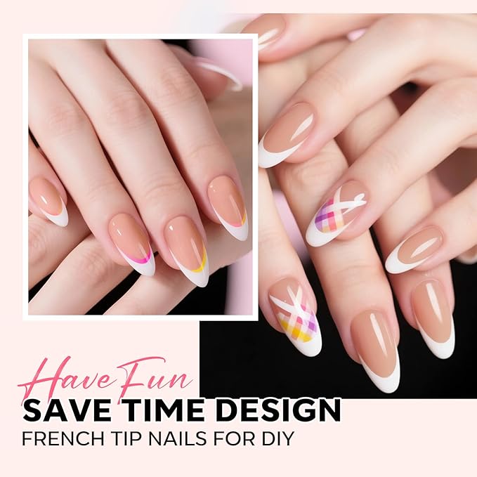 modelones French Tip Press on Nails, 150Pcs M-Almond Fake Nails with Nail Box, Deep Nude Gel Nail Tips for Women, Soft Glue-On Nails for Natural Salon Look, DIY Nail Art Kit (15 Sizes)