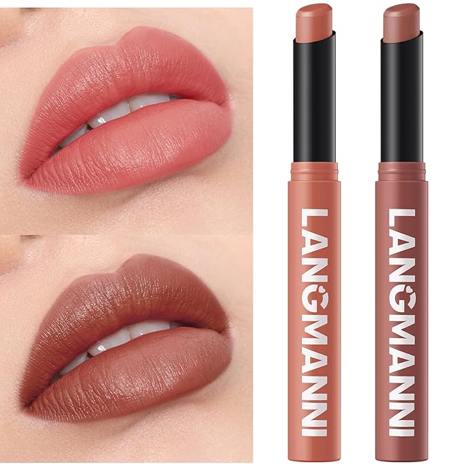 Jolilab 2Pcs Velvet Matte Lipstick Nude Matte Soft Dark Color Stick High Pigmented Long-Lasting Waterproof Lip Stick Lip Balm Beauty Cosmetics Gift for Girls and Women（05#+06#