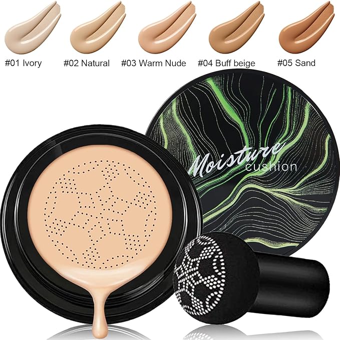 PHOERA Foundation,Mushroom Head Air Cushion CC Cream Natural Foundation,PHOERA Makeup Foundation Full Coverage,Phoera Face Primer, Foundation Brush (102Nude + 02Natural CC)
