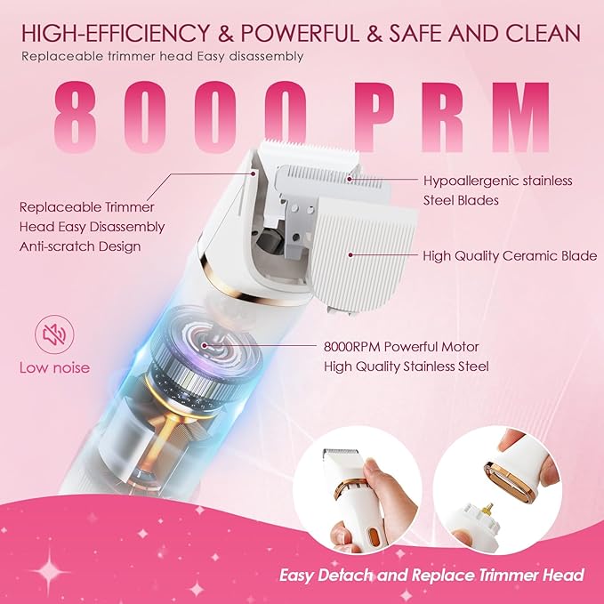 Bikini Trimmer for Women - 5 in 1 Painless Electric Razors for Ladies Pubic Facial Nose Body Leg Hair Removal, Waterproof Electric Shaver for Women Private Area Sensitive Skin,Personal Hair Trimmer