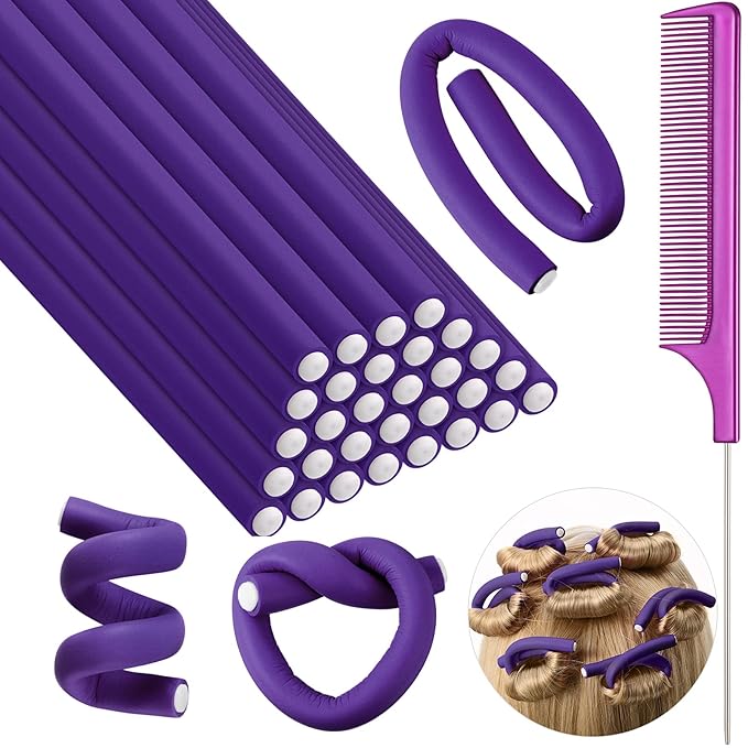 Syhood 30 Pcs 7'' Flexible Curling Rods Twist Foam Hair Rollers Soft Foam No Heat Hair Rods Rollers and 1 Steel Pintail Comb Rat Tail Comb for Women Long Short Hair(Purple,7 x 0.3 Inch)