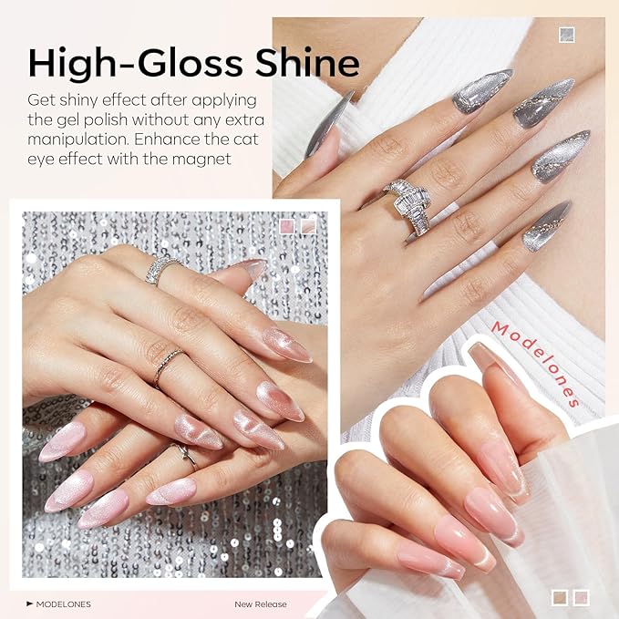 Modelones Cat Eye Gel Nail Polish Set, Holographic Glitter 6 Colors with Magnet, Sparkle Galaxy Series Nude Pink Gel Polish, Soak Off Led Gel Polish Kit, Nail Art, Salon DIY Gifts