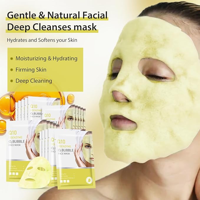 10 Sheets Coenzyme Q10 O2 Bubble Masks for Face, Bubble Face Mask Skincare for All Skin Types, Deep Cleansing Moisturizing Facial Mask Skin Care for Pores, Firming, Purifying, Sheet Masks for Spa