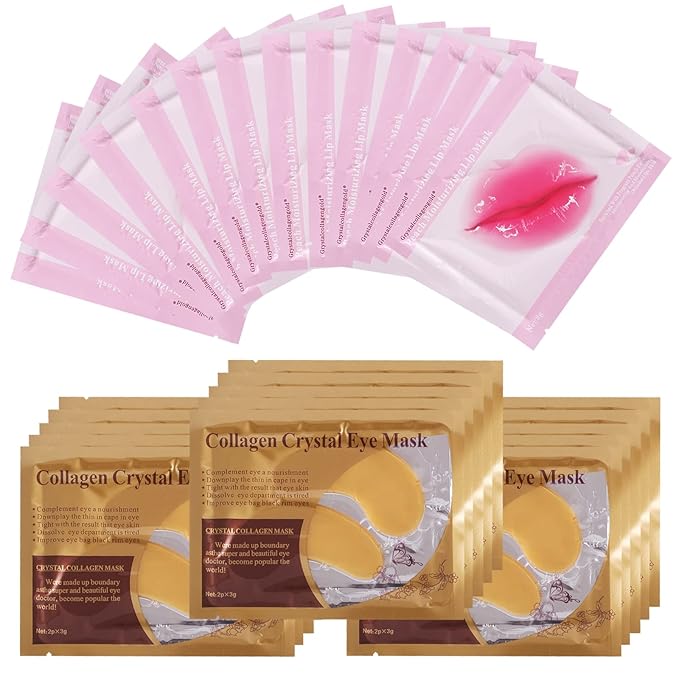 Lip Masks Sheet Moisturizing Crystal Collagen Gold Under Eye Mask Gel Anti-Aging Eye Patches Dark Circle Remover 30 Packs with Box,Gold