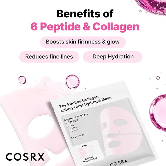 COSRX The Peptide Collagen Lifting Glow Hydrogel Face Masks Skincare 3 EA, Collagen Face Mask, Travel Essentials, Overnight Face Mask, Korean SkinCare