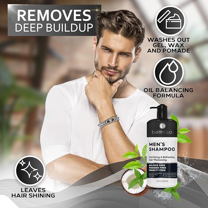 Shampoo for Men - Tea Tree Oil and Peppermint - Sulfate Free, Paraben Free - Clarifying, Refreshing, Volumizing & Moisturizing Hair Thickening Formula - Ideal for Oily Hair, Dry Scalps and Build Up