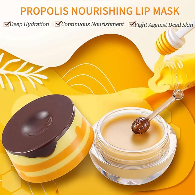 Bee Lip Balm Lip Mask Honey Pot Honey Lip Mask Propolis Moisturizing Lip Balm with Stick - Hydrating Prevention Dry & Cracked Lip Scrubs Exfoliato Lip Wrinkle Skin Care Products(Honey)
