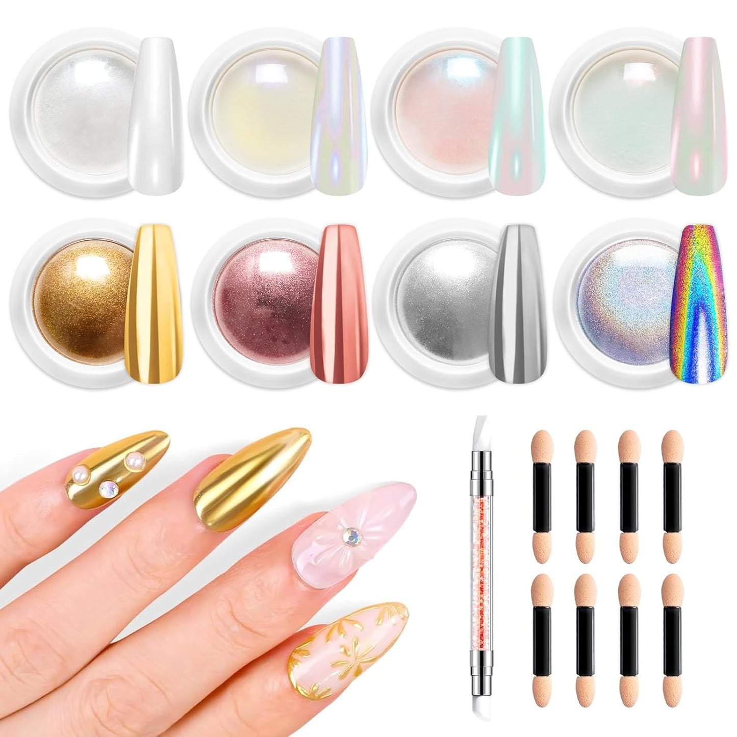 8Pcs Chrome Nail Powder BISHENGYF: Rose Gold Super Mirror Effect Nail Chrome Powder White Pearl Chrome Nail Powder with 1Pcs Silicone Nail Brush for Gel Nails DIY Gift for Women