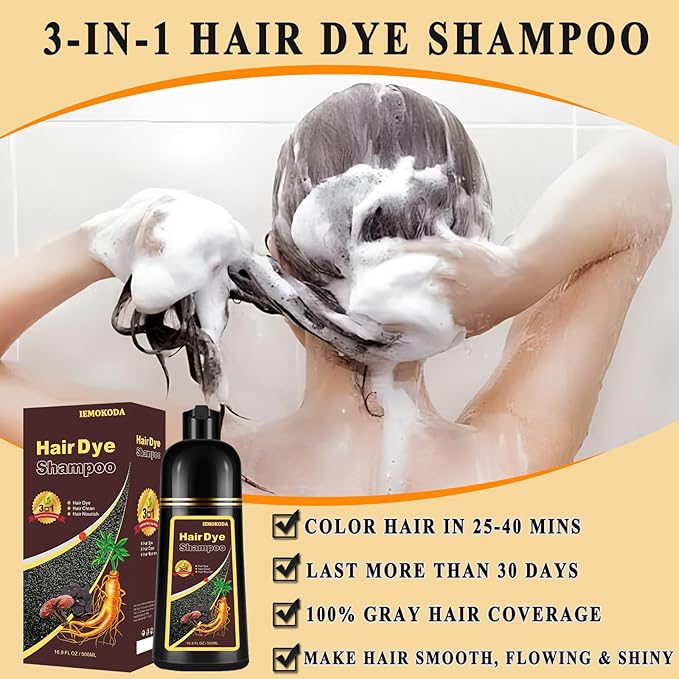 Black Long-Lasting & Natural Hair Color Shampoo - 3 in 1 for Gray Coverage, Instant Effect in Minutes for Men & Women, 16.9 Fl Oz