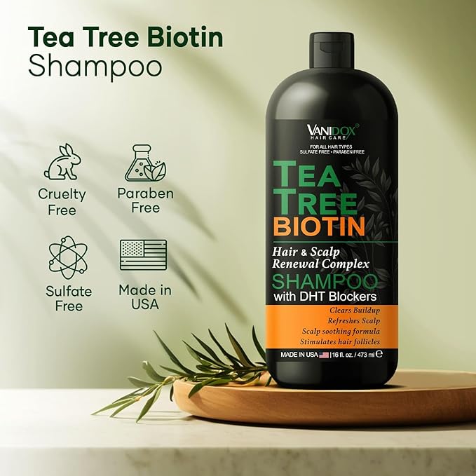 Tea Tree Oil Shampoo with Biotin, DHT Blockers, Itchy Scalp Relief, Supports Thicker-Looking Hair, Cleanses Dandruff & Buildup, For Men & Women, Made in USA, 16 fl oz