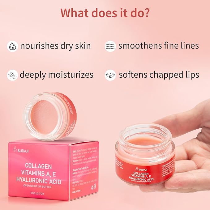 Lip Mask, Collagen Hydrating Lip Balm, Overnight Moisture Lip Butter with Hyaluronic Acid & Aloe Vera, Sleeping Nourishing Lip Butter Balm