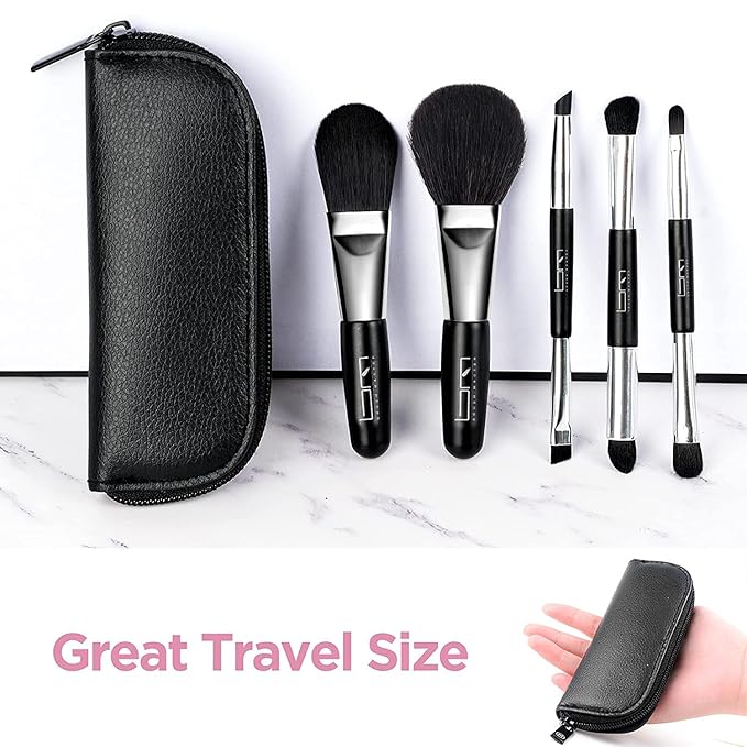 Travel Makeup Brushes Set w/Pouch, 5PCS Double Ended Portable Mini Cosmetic Brushes Kit for Foundation, Eyeshadow, Lip, Blush Make Up Brushes Professional(Black)