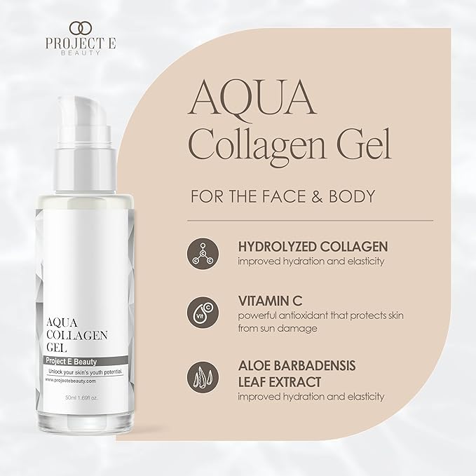 Project E Beauty Aqua Collagen Gel 24-Hour Hydration | Anti-Aging Brightening Treatment | Hydrating & Moisturizing Facial Skincare | Anti-Wrinkle Body Lotion | For Dry or Rough Skin | 50ml