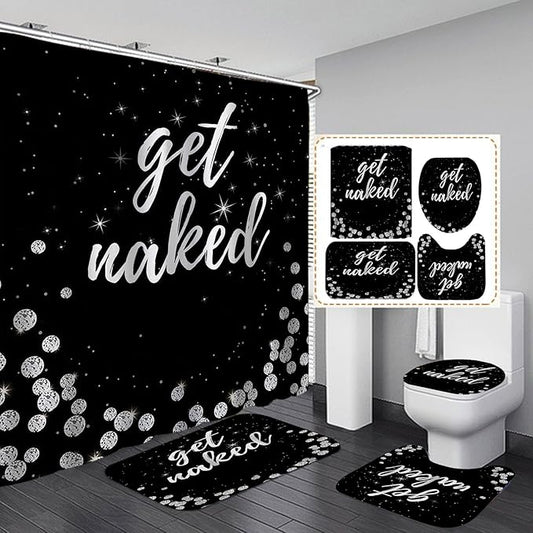 4PCS Luxury Diamond Shower Curtain Set, Bling Rhinestone Gem Crystal Jewelry Shining Starry Sky Galaxy Bathroom Decor, Waterproof Fabric Black Shower Curtain, Get Naked Bath Mat Toilet Rug