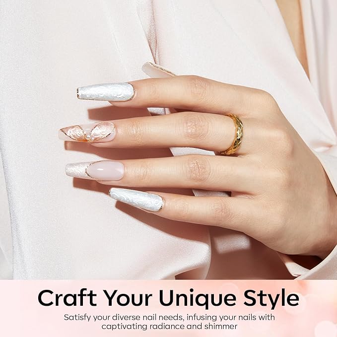 modelones Pearl Gel Nail Polish, 6 Colors Shimmer Glitter Iridescent White Nude Blue Pink Mermaid Nail Drawing Soak Off Gel Polish Swirl Shell Thread Effect Gift DIY at Home with Dotting Pen