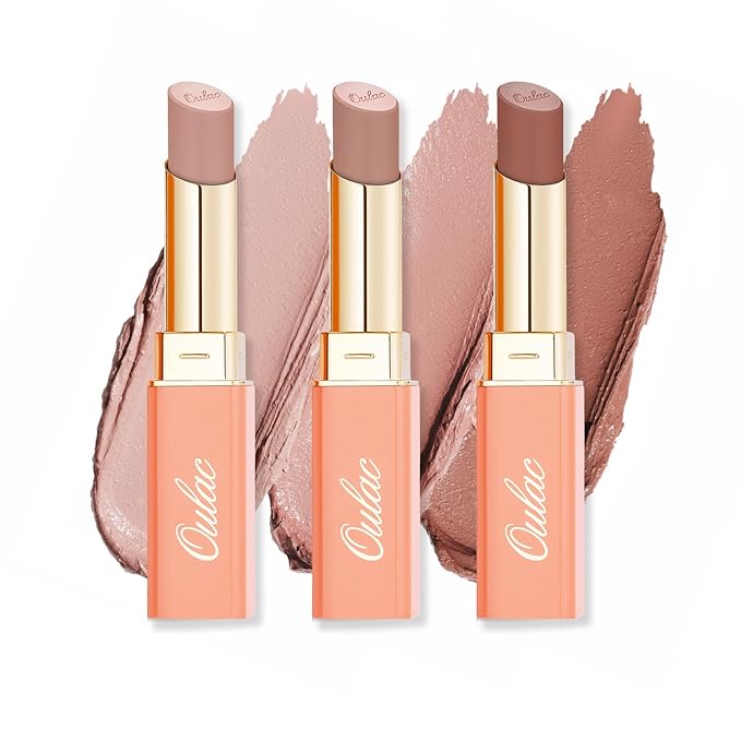 Oulac Nude Hydrating Lipstick Set For Women High Impact Lipcolor Tinted Lip Balm, Nourishing, Satin Finish, Moisturizing Creamy Formula, Vegan Clean Beauty Sensual Glow Rich Crème 01+02+04(SET 1)
