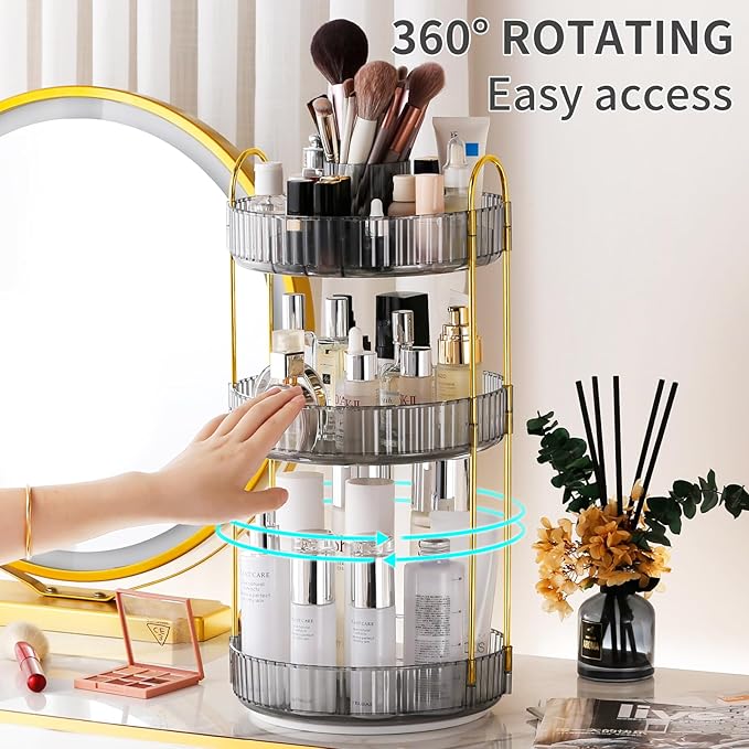 360° Rotating Makeup Organizer, Large-Capacity Skincare Make Up Storage 3 Tier Perfume Organizers Cosmetic Dresser Organizer with Makeup Brush Holder, Fits Bedroom, Bathroom, Vanity Shelf Countertop