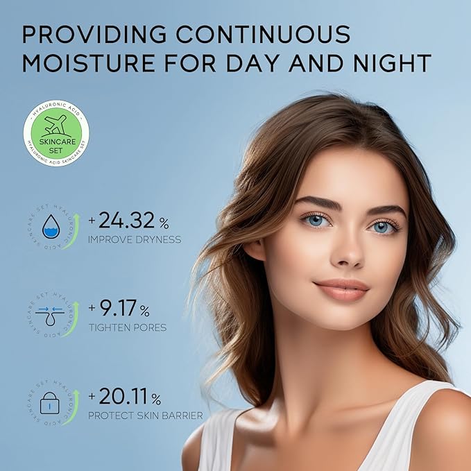 Skin Care Set, Hyaluronic Acid Travel Size Skincare Set W/ Low pH Cleanser, Moisturizer, Serum, Eye Cream, Toiletry Bag, Face Care Set Gift for Women Girls, Hydrating Anti Aging for Dry Skin