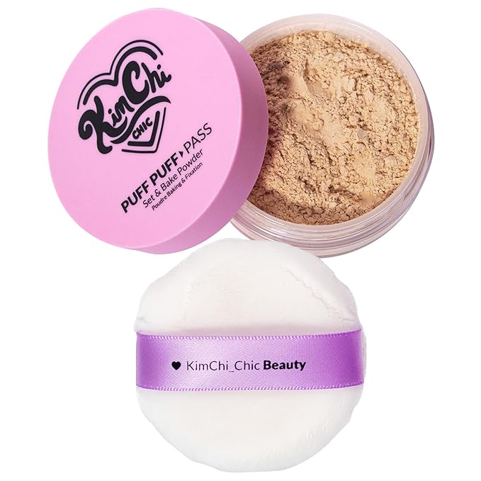 Kimchi Chic Beauty Puff Puff Pass Set and Bake Powder, Loose Face Powder with Extra Fluffy Setting Powder Puff, Soft Peach Face Makeup for Uneven Skin Tone, 04 Peachy