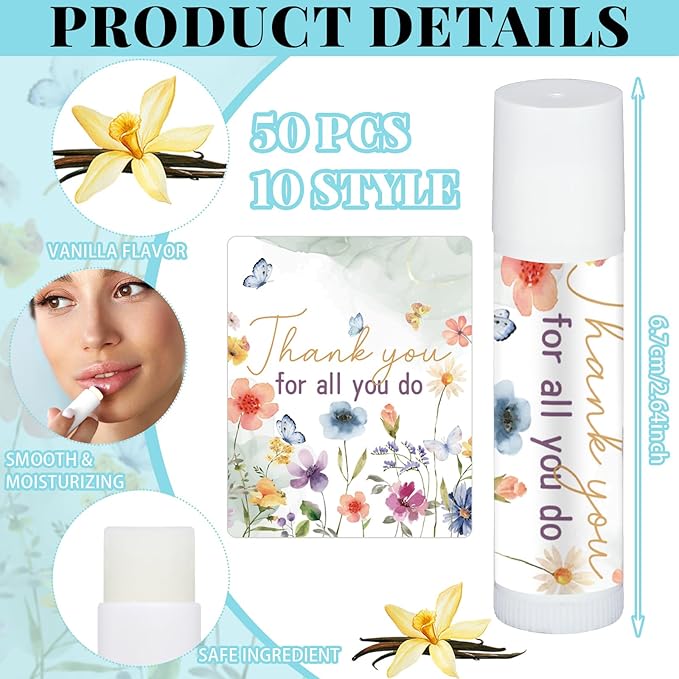 50 Pcs Inspirational Gifts Lip Balms in Bulk Motivational Small Thank You Gifts Wedding Bridal Baby Shower Party Favors Lip Balm for Women Teacher Nurses Coworkers Employees 10 Styles