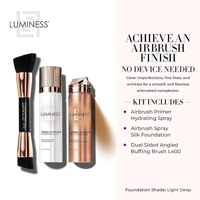 LUMINESS Airbrush Spray Silk Foundation Starter Kit - Light Deep - Foundation, Primer & Dual-Sided Angled Buffing Brush - Medium, Buildable Coverage, Anti-Aging Formula Hydrates & Moisturizes