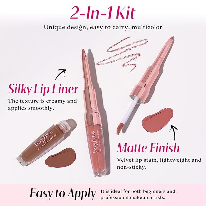 2 PCS Lip Liner and Lip Stain Combo Set, High Pigmented Long Lasting Velvet Lip Tint, Well-Defined Lipliner, Weightless Waterproof Not Animal Tested, Matte Finish Makeup