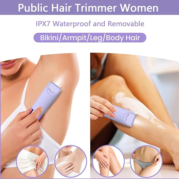 Bikini Trimmer for Women, Glow Aura Womens Shaver, Quiet Dual Head Waterproof Cordless Rechargeable Painless Trimmer for Underarms, Legs, Body (Purple)
