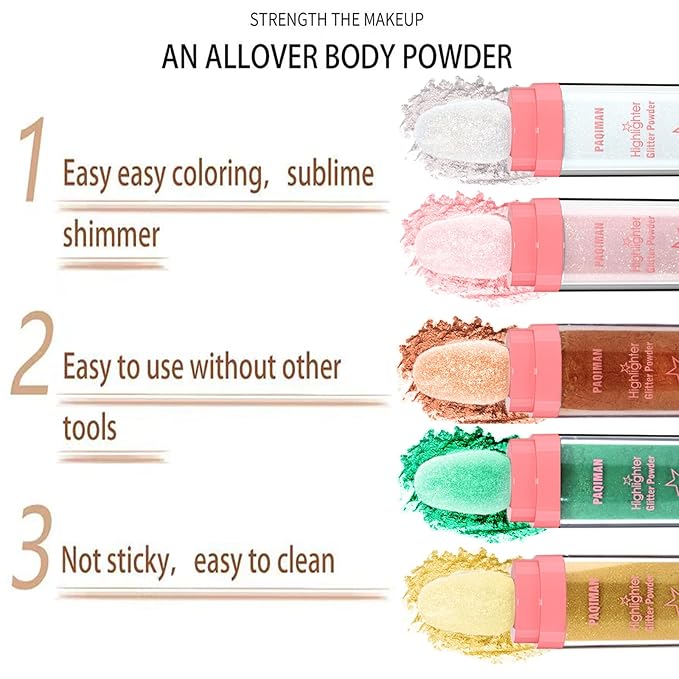 3 Colors Glitter Powder Highlighter Makeup, Body Brightens the Natural Three-Dimensional Face Blusher Fairy Highlight Patting Powder. (01#White Moonbeam/04# Green/05# Gold)