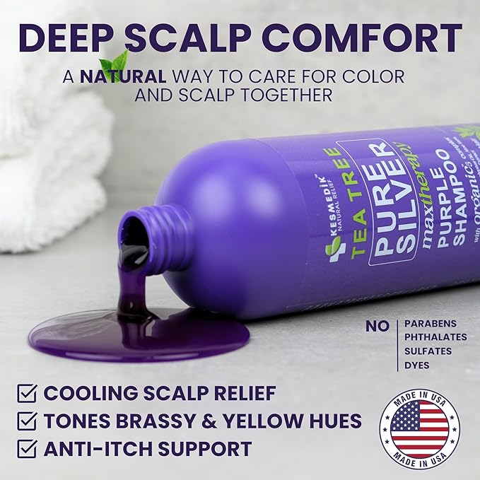Tea Tree Purple Shampoo for Blonde, Bleached, Silver & Grey Hair, Anti-Brass Toner, Boosts Highlights & Color, Revitalizes, Relieves Itchy Scalp & Salon-Grade Hair Toner Shampoo.