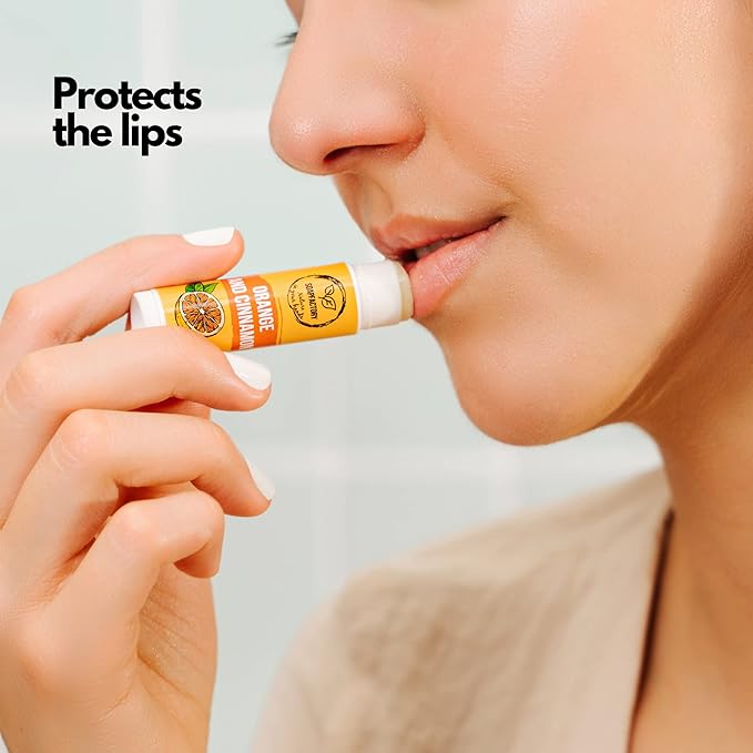 SoapFactory Natural Lip Balm for Dry cracked Lips with Orange and Cinnamon, Vegan, Organic Certified, Lip Care with Carnauba Wax for Women and Men, 0.17 ounce