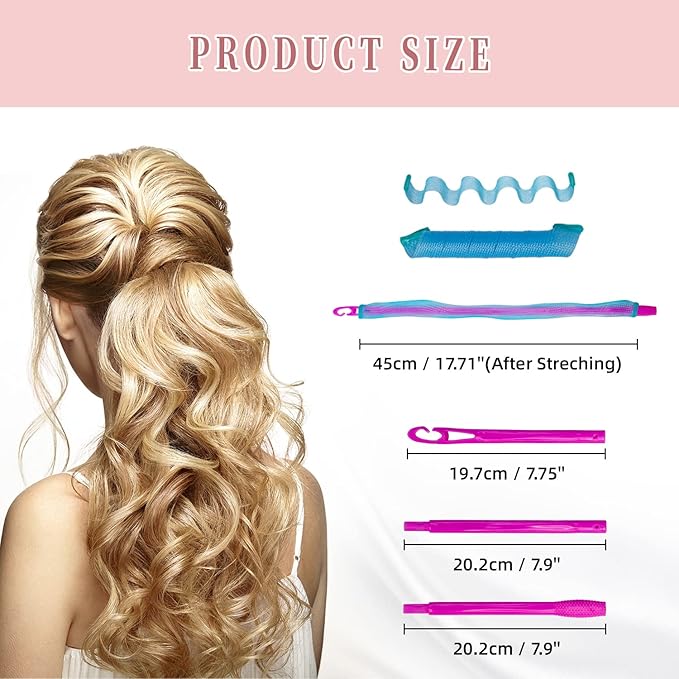 60pcs Heatless Hair Curlers Rollers Spiral and Wave Styling Kit with 2 Sets Styling Hooks,No Heat Curlers for Women Girl's Medium and Long Hair (17.8 Inch/45 cm)