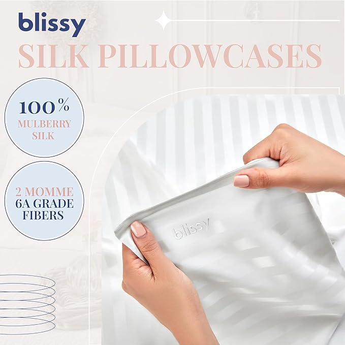Blissy Silk Pillowcase - 100% Pure Mulberry Silk - 22 Momme 6A High-Grade Fibers - Silk Pillow Cover for Hair & Skin - Regular, Queen & King (White Striped, Standard)