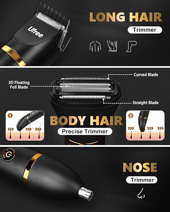 Ufree Body Hair Trimmer for Men, Manscape Ball Pubic Hair Trimmer, 3 in 1 Body Grooming Kit for Groin, Waterproof Body Electric Shaver Razor, Grooming for Face and Body, Gifts for Men, Black