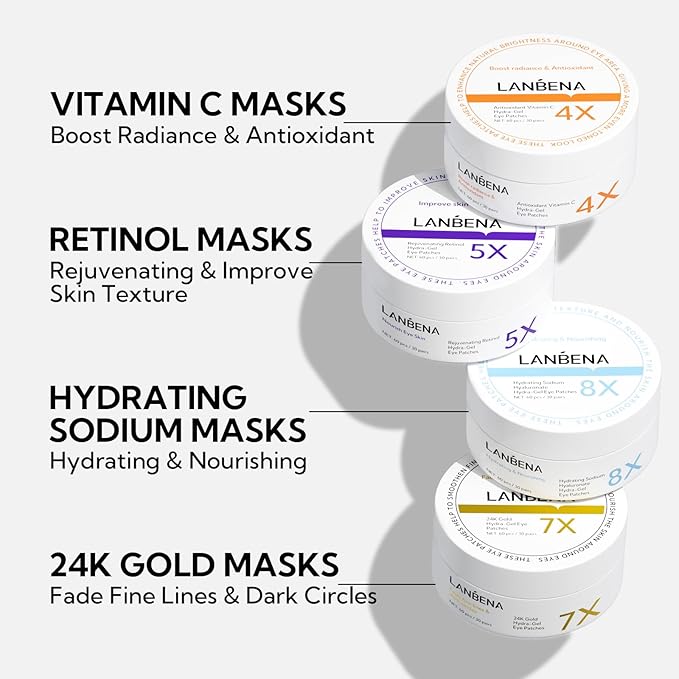 LANBENA 24K Gold Under Eye Patches(30 Pairs) -Cooling Eye Masks for Fine Lines Reduce, with Caffeine Niacinamide Tetrapeptide Hydra-Gel Collagen, Puffy Eyes & Dark Circles & Eye Bags Treatment